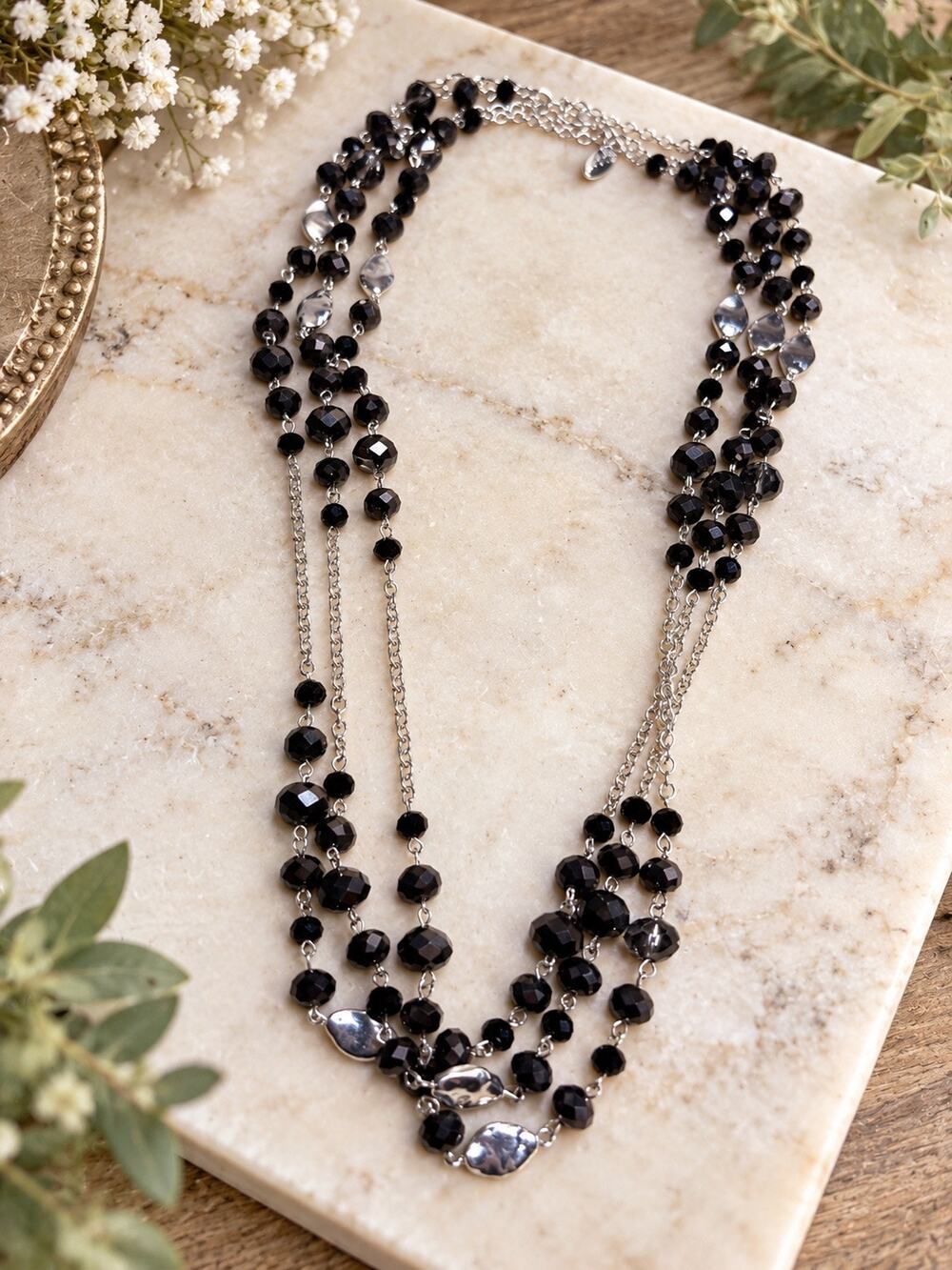 Style and Co Beaded Very Long Necklace Silver Chain Black Pearl Stone Boho